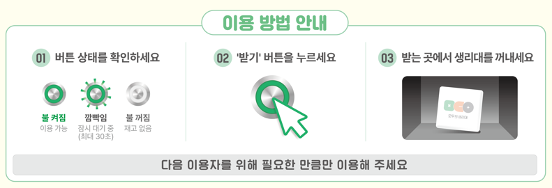 공공생리대 자동지급기 이용 방법 안내 1. 버튼 상태를 확인하세요 (불 켜짐 - 이용가능, 깜빡임 - 잠시 대기 중 최대 30초, 불 꺼짐 - 재고 없음) 2. 받기 버튼을 누르세요 3. 받는 곳에서 생리대를 꺼내세요. 다음 이용자를 위해 필요한 만큼만 이용해 주세요