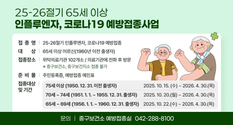 「25-26절기 65세 이상 인플루엔자, 코로나19 예방접종사업」
  ㅇ (접 종 명) 25-26절기 인플루엔자, 코로나19 예방접종
  ㅇ (대    상) 65세 이상 어르신(1960년 이전 출생자)
  ㅇ (접종장소) 위탁의료기관 102개소 / 의료기관에 전화 후 방문 
         ※ 중구보건소, 중구보건지소 접종 불가
  ㅇ (준비물) 주민등록증, 예방접종 예진표
  ㅇ (접종기간)          

75세 이상(1950 12. 31. 이전 출생자)
2025. 10. 15.(수) ~2026. 4. 30.(목)
70세 ~ 74세(1951. 1. 1. ~ 1955. 12. 31. 출생자)
2025.10. 20.(월) ~2026. 4. 30.(목)
65세 ~ 69세(1956. 1. 1. ~ 1960. 12. 31. 출생자)
2025.10. 22.(수) ~ 2026. 4. 30.(목)
ㅇ (문   의)  중구보건소 예방접종실(☎ 042-288-8100)