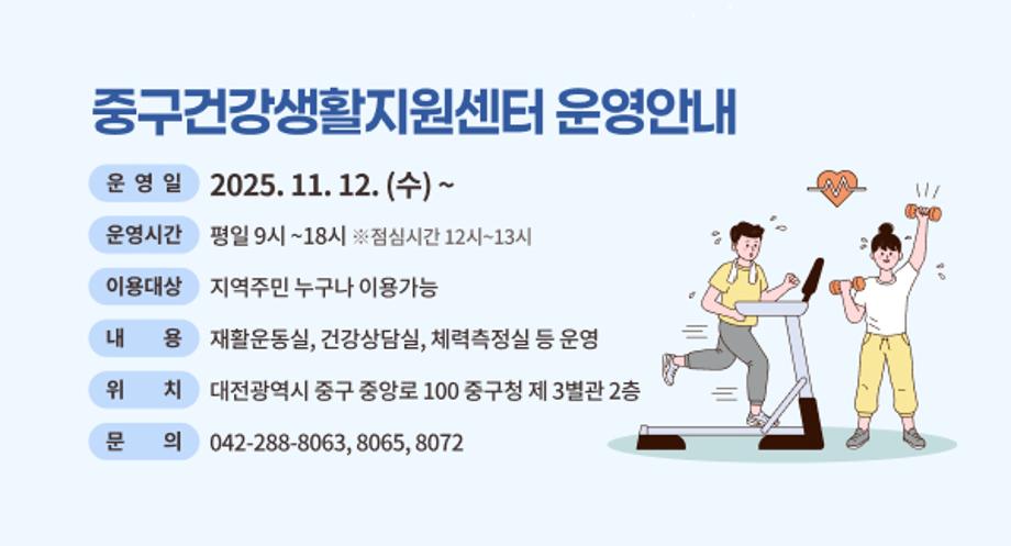 중구건강생활지원센터 운영안내
운영일 2025.11. 12. (수)~
운영시간 평일 9시~18시 ※점심시간 12시~13시
이용대상 지역주민 누구나 이용가능
내용 재활운동실, 건강상담실, 체력측정실 등 운영
위치 대전광역시 중구 중앙로 100 중구청 제 3별관 2층
문의 042-288-8063, 8065, 8072