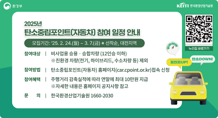 『2025년 탄소중립포인트(자동차) 참여 일정 안내』
ㅇ 모집기간: ‘25. 2. 24.(월) ~ 3. 7.(금) ※ 선착순, 대전지역
ㅇ 참여대상: 비사업용 승용․승합차량 (12인승 이하)
   ※친환경 차량(전기, 하이브리드, 수소차량 등) 제외
ㅇ 참여방법: 탄소중립포인트(자동차) 홈페이지(car.cpoint.or.kr)접속 신청
ㅇ 참여혜택: 주행거리 감축실적에 따라 연말에 최대 10만원 지급
   ※자세한 내용은 홈페이지 공지사항 참고    
ㅇ 문    의: 한국환경산업기술원 1660-2030