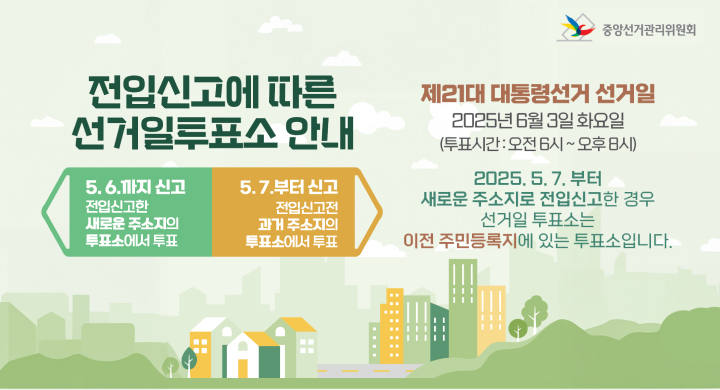 전입신고에 따른 선거일투표소 안내
5.6.까지 신고 
전입신고한 새로운 주소지의 투표소에서 투표 
5.7.부터 신고 
전입신고전 과거 주소지의 투표소에서 투표 
제 21대 대통령선거 선거일 
2025년 6월 3일 화요일 (투표시간 : 오전 6시 ~ 오후 8시)
2025.5.7.부터 새로운 주소지로 전입신고한 경우 선거일 투표소는 이전 주민등록지에 있는 투표소입니다.