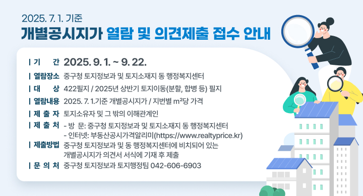 2025.7.1. 기준

개별공시지가 열람 및 의견제출 접수 안내

기간 2025.9.1. ~ 9.22.
열람장소 중구청 토지 정보과 및 토지 소재지 동 행정복지센터
대 상: 442필지/ 2025년 상반기 토지이동(분할, 합병 등) 필지
열람내용: 2025.7.1. 기 준 개 별 공 시 지 가 / 지 번 별 m2 당 가 격
제출자: 토 지 소 유 자 및 그 밖 의 이 해 관 계 인
제출처: - 방 문 : 중 구 청 토 지 정 보 과 및 토 지 소 재 지 동 행 정 복 지 센 터
- 인터넷: 부동산공시가격알리미(https://www.realtyprice.kr)
제출방법: 중 구 청 토 지 정 보 과 및 동 행 정 복 지 센 터 에 비 치 되 어 있 는
개별공시지가 의견서 서식에 기재 후 제출
문의처: 중 구 청 토 지 정 보 과 토 지 행 정 팀 042-606-6903