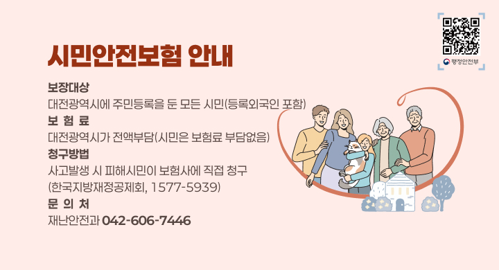 시민안전보험 안내
 보장대상: 대전광역시에 주민등록을 둔 모든 시민(등록외국인 포함)
 보 험 료: 대전광역시가 전액부담(시민은 보험료 부담없음)
 청구방법: 사고발생 시 피해시민이 보험사에 직접 청구
          (한국지방재정공제회, 1577-5939)
 문 의 처: 재난안전과 (042-606-7446)