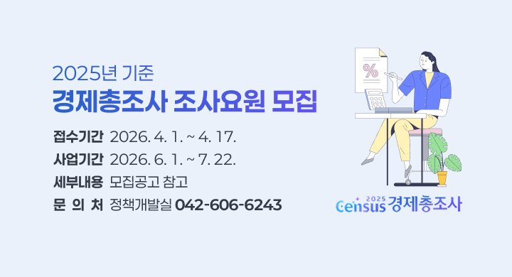 2025년 기준 경제총조사 조사요원 모집
 접수기간: 2026. 4. 1. ~ 4. 17.
 사업기간: 2026. 6. 1. ~ 7. 22.
 세부내용: 모집공고 참고
 문 의 처: 정책개발실 (042-606-6243)
