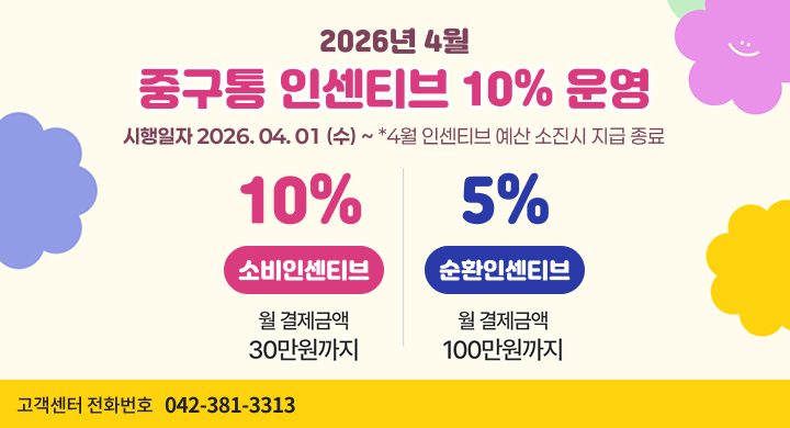 2026년 4월 중구통 인센티브 10% 운영
시행일자 2026. 04. 01 (수) ~ 4월 인센티브 예산 소진시 지급 종료
10% 소비인센티브 월 결제금액 30만원까지
5% 순환인센티브 월 결제금액 100만원까지
고객센터 전화번호 042-381-3313
