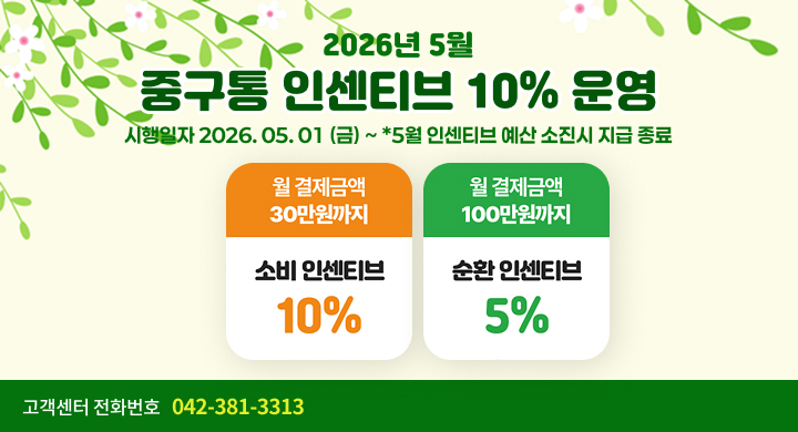 2026년 5월
중구통 인센티브 10% 운영
시행일자 2026. 05. 01 (금) ~ *5월 인센티브 예산 소진시 지급 종료

월 결제금액 30만원까지
소비 인센티브 10%

월 결제금액 100만원까지
순환 인센티브 5%

고객센터 전화번호 042-381-3313