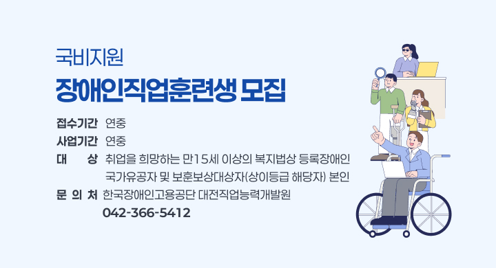 국비지원 장애인직업훈련생 모집
 접수기간: 연중
 사업기간: 연중
 대    상: 취업을 희망하는 만15세 이상의 복지법상 등록장애인, 국가유공자 및 보훈보상대상자(상이등급 해당자) 본인
 문 의 처: 한국장애인고용공단 대전직업능력개발원(042-366-5412)