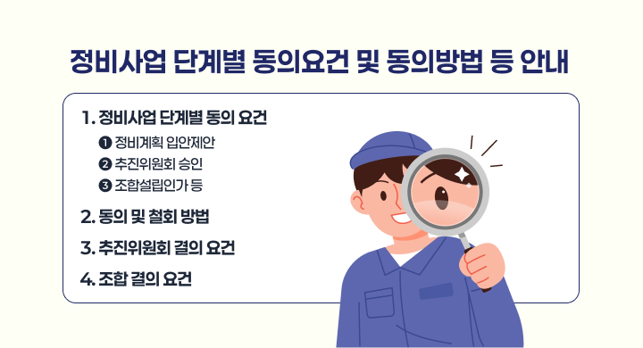 정비사업 단계별 동의요건 및 동의방법 등 안내
1. 정비사업 단계별 동의 요건
➊ 정비계획 입안제안
➋ 추진위원회 승인
➌ 조합설립인가 등
2. 동의 및 철회 방법
3. 추진위원회 결의 요건
4. 조합 결의 요건