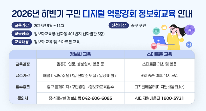 2026년 하반기 구민 디지털 역량강화 정보화교육
 대    상: 중구 구민
 교육기간: 2026년 9월 ~ 11월
 교육장소: 정보화교육장(선화동 401번지 선화별관 5층)
 교육내용: 정보화 교육 및 스마트폰 교육
정보화 교육 스마트폰 교육
교육과정 컴퓨터 입문, 생성형AI 활용 등 스마트폰 기초 및 활용
접수기간 매월 마지막주 월요일 선착순 모집  / 일정표 참고 8월 중순 이후 상시 모집
접수링크 중구 홈페이지 구민광장 정보화교육접수 디지털배움터(디지털배움터.kr)
문 의 처 정책개발실 정보화팀 (042-606-6085) AI디지털배움터 (1800-5721)
